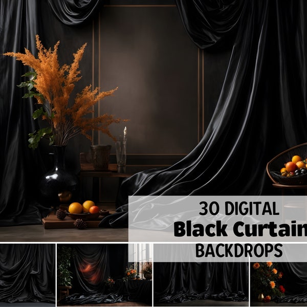 30 Digital Curtain Backdrops, Breathtaking Black Dreamy Sheer Curtain Background Gift, Digital Professional Studio Backdrops for Photography