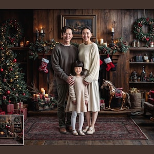 May include: A family of three poses in front of a fireplace decorated for Christmas. The parents are wearing sweaters and the child is wearing a dress. There is a rocking horse and a Christmas tree in the background.