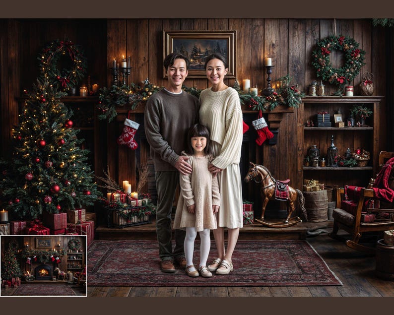 May include: A family of three poses in front of a fireplace decorated for Christmas. The parents are wearing sweaters and the child is wearing a dress. There is a rocking horse and a Christmas tree in the background.