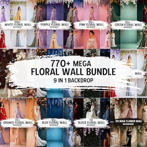 Könnte beinhalten: Eine Sammlung von floralen Wandhintergründen in verschiedenen Farben, darunter Weiß, Lila, Rosa, Grün, Orange, Blau, Schwarz und Beige. Das Bild zeigt den Text "770+ MEGA FLORAL WALL BUNDLE" und "9 IN 1 BACKDROP". Jeder Hintergrund zeigt eine Frau in einem fließenden Kleid.