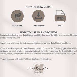 May include: A digital background file for use in Photoshop. The image shows instructions on how to use the file, including downloading, importing, and editing. The text includes the words "Instant Download", "Purchase", "Download", "Edit", "How to Use in Photoshop", and "Creative Lab".