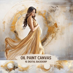 May include: A pregnant woman in a flowing gold dress stands in front of a large abstract painting with swirling gold and gray brushstrokes. The painting has a circular shape in the center. The text "OIL PAINT CANVAS 16 DIGITAL BACKDROP" is written in white on a black brushstroke at the bottom of the image.
