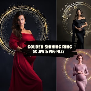 May include: Three pregnant women pose in front of a sparkling gold ring backdrop. The rings are adorned with glitter and sparkle. The women are wearing different dresses, one in red, one in black, and one in a light pink colour.