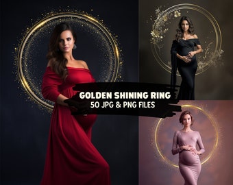 May include: Three pregnant women pose in front of a sparkling gold ring backdrop. The rings are adorned with glitter and sparkle. The women are wearing different dresses, one in red, one in black, and one in a light pink color.