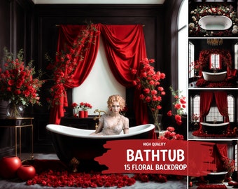 Red Rose Elegant Bathtub Photography Backdrops, Floral Vintage Bathtub Background, Bathtub Room For Maternity Backgrounds, Photoshop Overlay