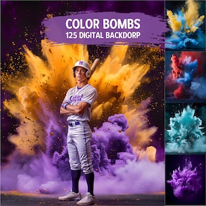 125 kolorowych bomb cyfrowych tła szkolne eksplozja kolorów fotografia tło dla plakatów sportowych, piłki nożnej, baseballu, piłki nożnej, softballu prezent