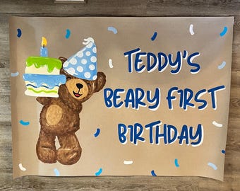 Hand Painted Beary First Birthday Banner: Custom Party Decoration