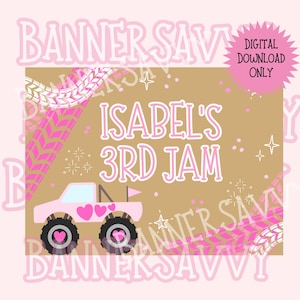 May include: A digital download banner with the text "ISABEL'S 3RD JAM" in pink and white. A pink monster truck with heart details is featured. The background is tan with pink and white decorative elements.