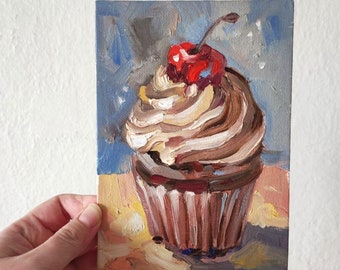 Cupcake tasty oil painting 5x7'' Original art for kitchen colorful still life food decor home gift unframed Painting by NataliMias