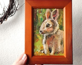 Conejito - Pintura al óleo original enmarcada. Arte mural de animales del bosque en estilo cottagecore. Pintura al óleo de conejo de Pascua, pintura de liebre y conejito, pintura al óleo de bosque
