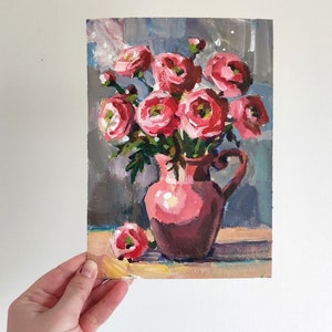 Buquê de ranúnculo rosa de verão, pintura acrílica original, pintura de rosas, buquê de pintura, floral, arte original, peônias, arte contemporânea