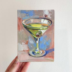 Original Martini Oil Painting – 5x7 Cocktail Art – Olive Drink Wall Decor Bar Cart Artwork Small Painting Retro Party Vibe Kitchen Wall Art