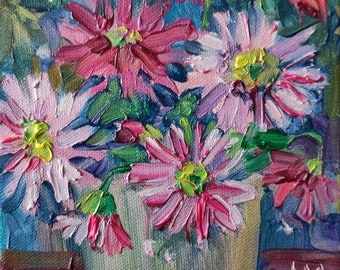 Original oil painting "Pink daisies" 6x6'', Cottage core pink flowers impasto oil painting. Floral oil painting daisy painting flowers art