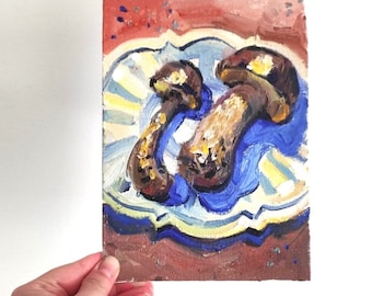 Peinture à l'huile originale de champignons 6 x 8 po. Cottage, peinture à l'huile faite main de style vintage, art mural champignon par Natali Mias