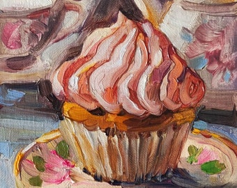 Cupcake leckeres Ölgemälde 6x6 '' Original Kunstwerk für die Küche Vintage Stil bunte Stillleben Essen Kunst Geschenk ungerahmt Gemälde von NataliMias