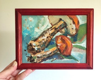 Pilze Originales gerahmtes Ölgemälde 6x8 '' Cottagecore Waldmalerei Pilze Vintage-Ölgemälde Pilzmalerei Goblincore Kunst