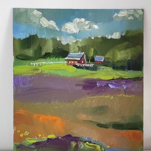 Farm house Original oil painting 8.5x10.5&#39;&#39; Summer field painting landscape painting old barn painting bluebonnet painting house painting