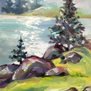 Original oil painting mountain river landscape, spruce painting on canvas. 8x12 inch. Mountains oil painting river painting landscape