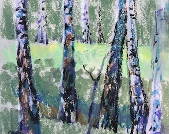 Original pastel painting landscape 8x11'' Birch tree wall art. Birch painting forest home decor Forest painting Birch art work Original art