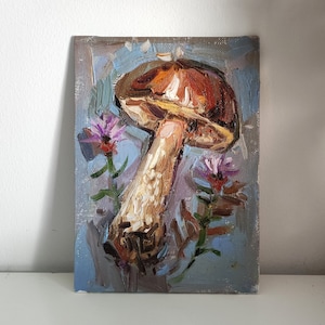 Mushroom original oil painting 5x7&#39;&#39; Cottagecore forest oil painting Vintage style painting Mushrooms kitchen wall art mushroom goblincore