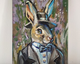 Rabbit painting 6 by 8'' Original oil painting bunny painting Cottagecore forest animal art. Fairy tale painting woodland victorian painting