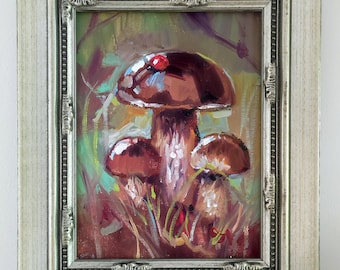 Original Ölgemälde Pilz gerahmte Malerei wunderliche Wald Cottagecore Kunst Pilz Marienkäfer Vatertagsgeschenk originale Malerei