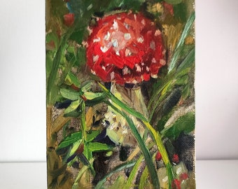 Mushroom Fly agaric original oil painting. Cottagecore forest oil painting. Vintage style oil painting Mushroom painting fairycore art