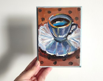 Origineel olieverfschilderij koffiekopje 6 x 4'' gezellige muurkunst. Klein olieverfschilderij. Keuken kunst aan de muur. Vintage theeschildering, vintage bekerschildering