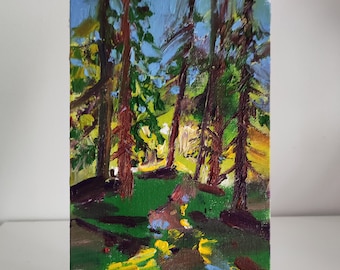 Original oil painting forest trees landscape. Summer landscape tree oil painting. Classic impasto plein air impressionist oil painting