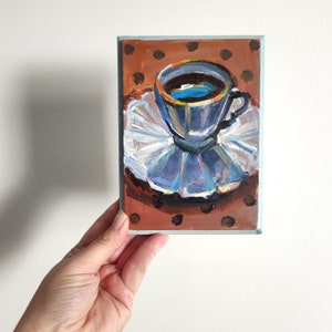 Original oil painting coffee cup 6x4&#39;&#39; Cozy wall art. Tiny oil painting. Kitchen wall art. Vintage tea painting vintage cup painting