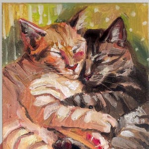 Couple of cats original oil painting on canvas board 8.7х10.6&quot; - Hand painted small artwork, animal wall art with ginger & brown cats