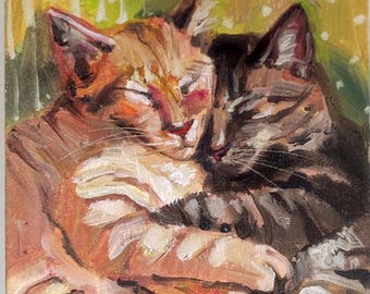 Original Oil Painting: Ginger & Brown Cats - Realism Style 8.7x10.6"