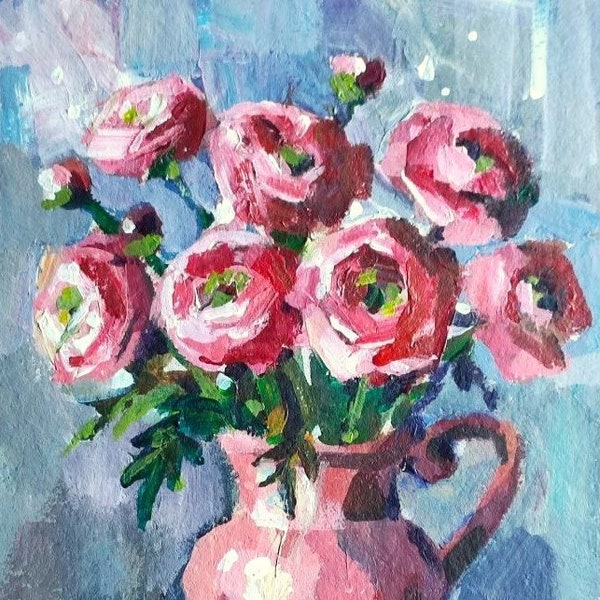 Bouquet de renoncules roses d'été, peinture acrylique originale Bouquet de roses peinture peinture oeuvre d'art contemporaine florale pivoines