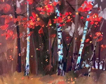 Original oil painting autumn landscape stratched canvas 16x20 Fall landscape oil painting. Birch forest traditional landscape painting large