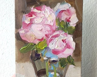 Pink Peonies Oil Painting: 5x7 Floral Still Life, Original Textured Artwork