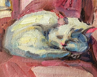 Dormir sur une chaise vintage, peinture à l'huile originale de 5 x 7 po., peinture de chat blanc, portrait de chat, oeuvre d'art peinte à la main, peinture à l'huile de chat art animalier