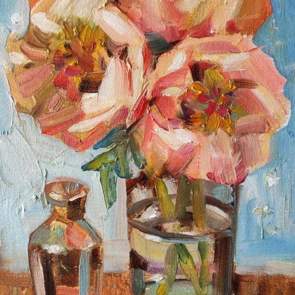 Original oil painting peony pink flowers Vintage style wall art Peonies oil painting Bouquet painting Floral painting chinese rose painting