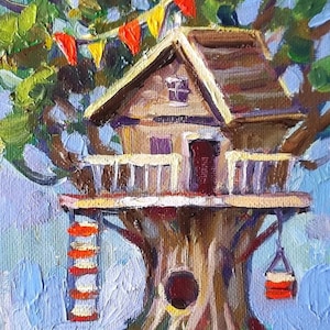 Pintura al óleo original de la casa del árbol, 5 x 7 pulgadas, pintura Cottagecore, pintura para guardería, arte caprichoso, pintura de la casa del árbol del bosque