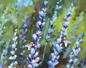 ラベンダーの上の蜂 オリジナル油絵 10x10'' マルハナバチのアートワーク コテージコアアート 蜂の絵 ラベンダーの絵 ミツバチのアート フローラルアート