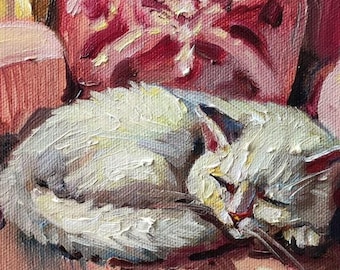 猫の油絵 かわいい白猫の肖像画 ペット動物 オリジナルアート 印象派