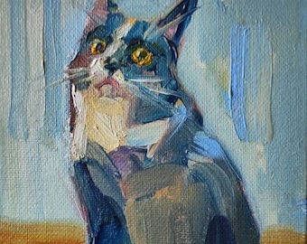Ritratto di gatto bianco e nero Pittura a olio originale 5 da 7" pittura di gatto nero dipinta a mano piccola opera d'arte animale arte pittura a olio di gatto nero