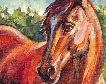 子供用オリジナル油絵 茶色の馬 カントリー風ホームデコレーション 額