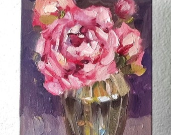 Pink peony Original oil painting 6x8'' pink flowers Cottagecore wall art Tiny oil painting Bouquet painting Floral painting rose painting