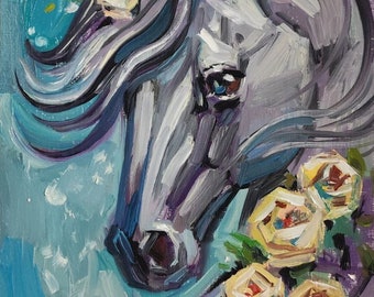 Peinture à l'huile originale de cheval blanc avec des fleurs 8 x 11'' Cottagecore peinture à l'huile cheval peinture cheval art mural chevaux peinture peinture à la ferme