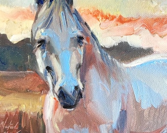 美しさと強さ、馬と海の油絵、キャンバスに描かれた白い馬のアート