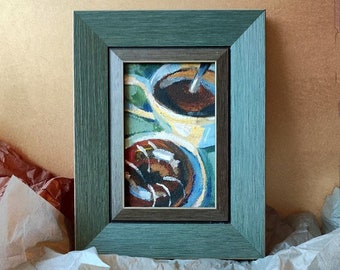 Pintura al óleo original de café y donuts. Arte de pared acogedor con chocolate. Pintura al óleo enmarcada sobre lienzo. Arte de pared para cocina.