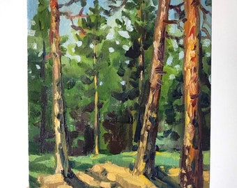 Peinture à l'huile originale de paysage de pin 7 x 9 po, peinture à l'huile d'arbres de paysage d'été classique empâtement en plein air art impressionniste fait main