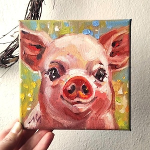 Pig original oil painting 6x6&#39;&#39; Cottagecore animal art. Cute Pig painting animal Oil Painting Animals Lover Gifts Nature painting piggy art