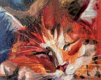 Sleeping Ginger Cat. Original Oil Painting 6 by 6" Ginger cat painting Hand Painted Small Artwork Animal art orange cat oil painting