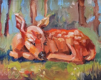 Pintura al óleo de un pequeño ciervo: arte de animales del bosque estilo cottagecore, 6x8''